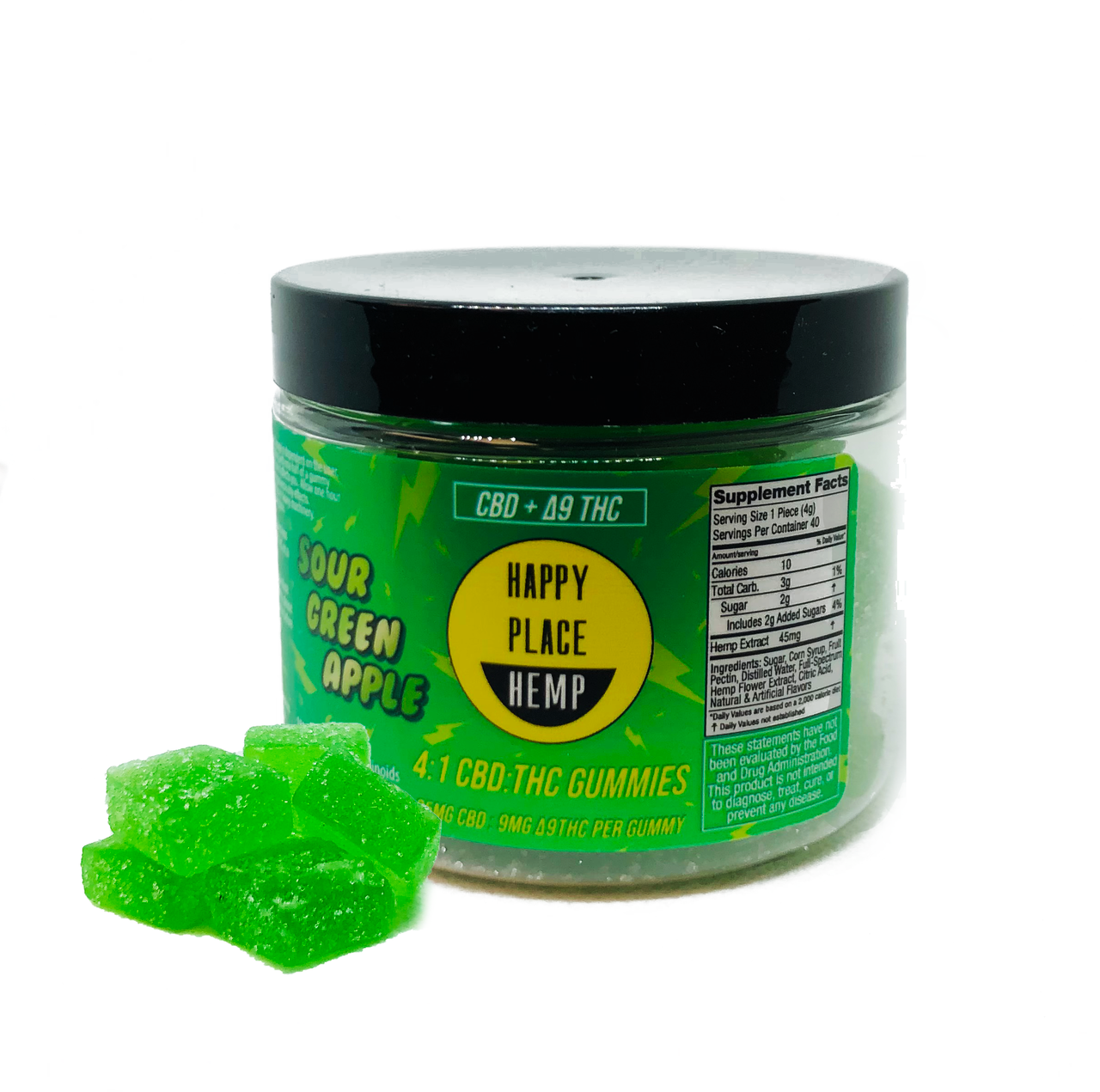 Sour_Green_Apple_40ct__49753-1.webp Happy Place Hemp – 4:1 CBD : Delta 9 THC Gummies (35mg CBD : 9mg D9THC Per Gummy) - Image 1